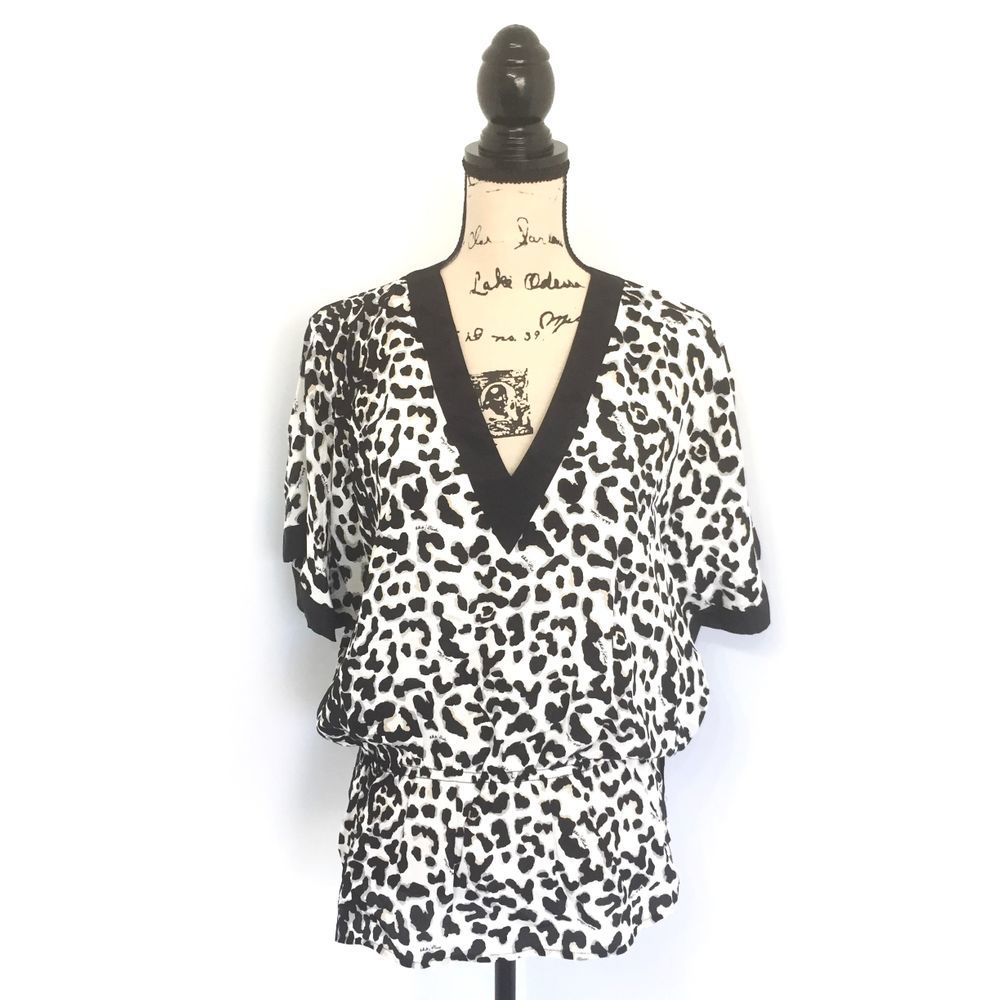White House Black Market XS Shirt Silk Animal Print V-Neck Blouse Ruched Top New